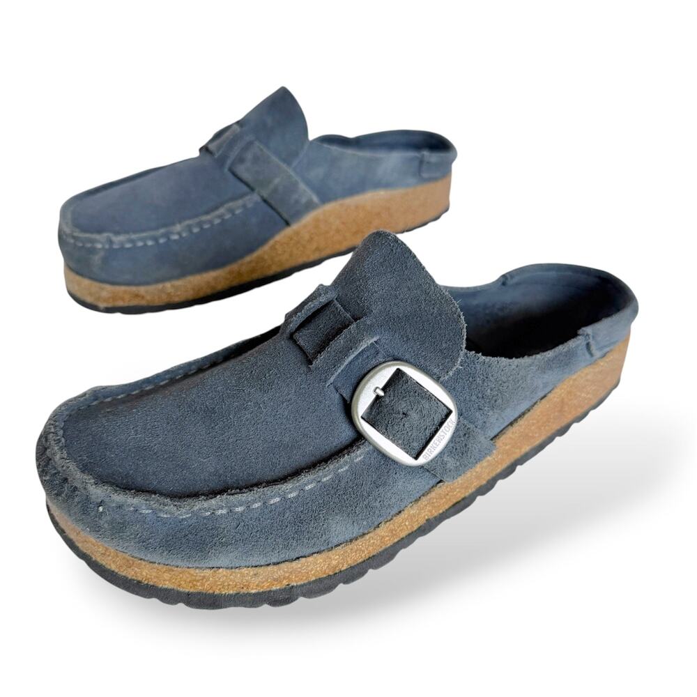 Birkenstock Buckley Navy Blue Suede Moccasin Clog Mule Cork Footbed Sz 38